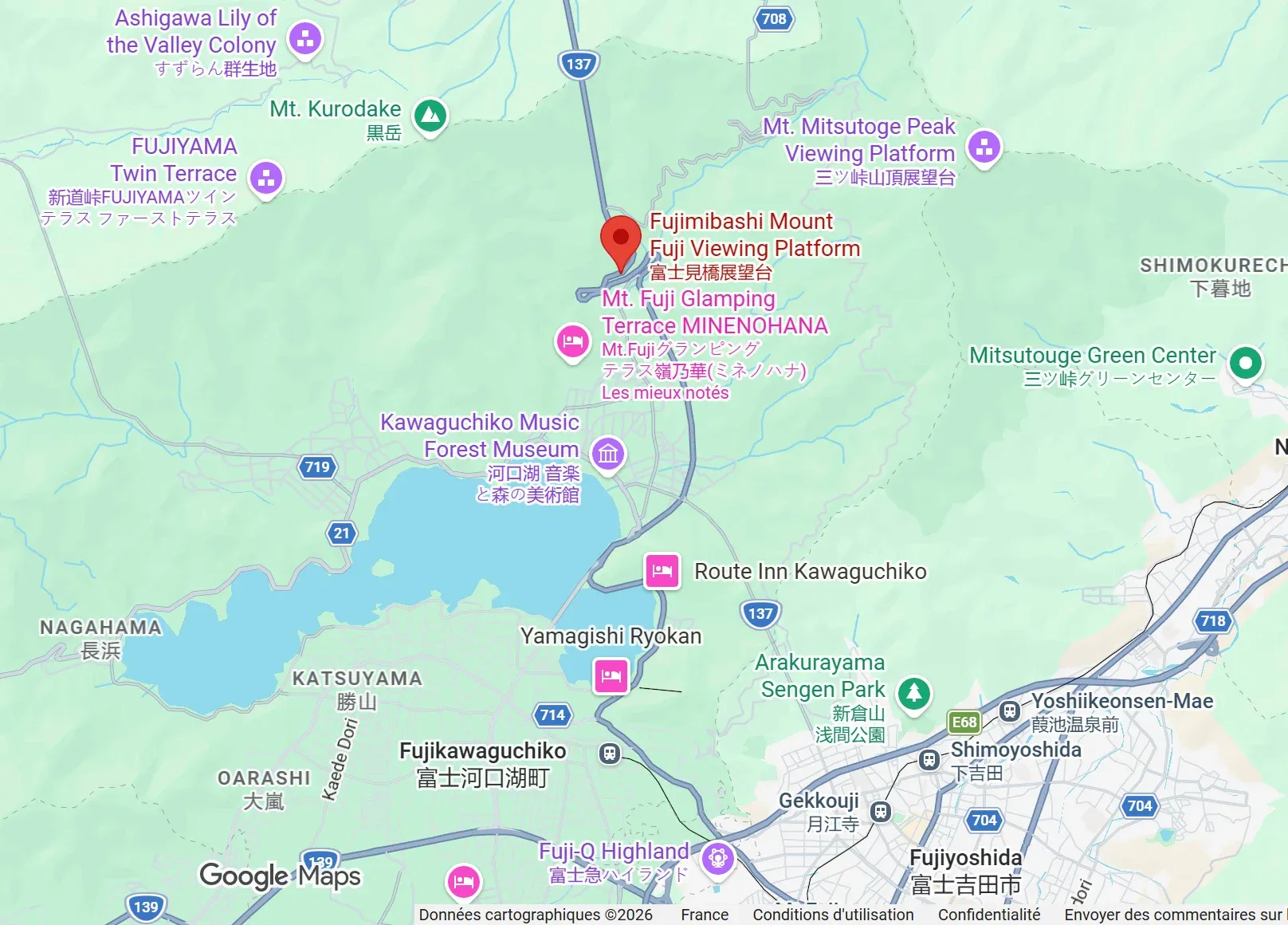 Carte Google Maps situant le belvédère de Fujimibashi sur la route 137, au nord du lac Kawaguchi et de Fujikawaguchiko