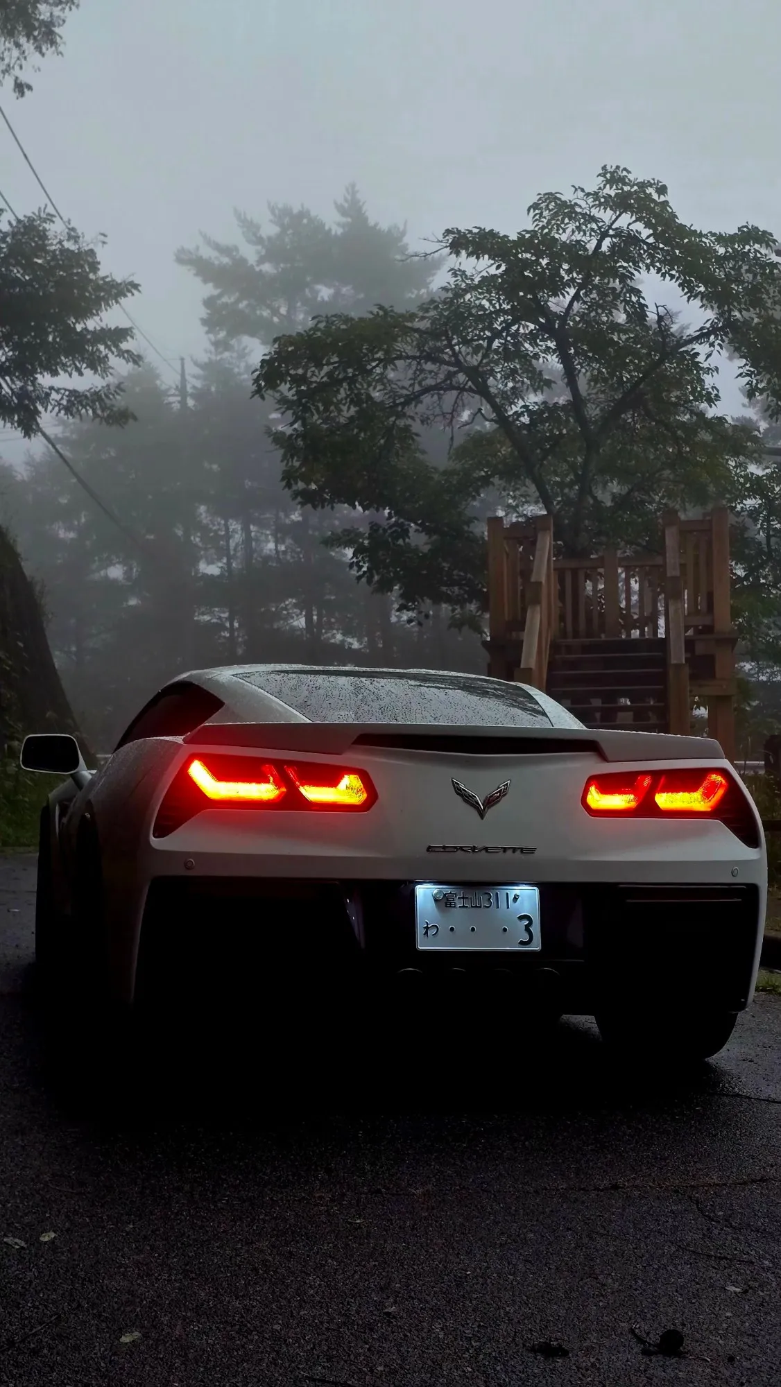 Corvette C7 Stingray blanche vue de l'arrière, feux allumés, dans le brouillard du belvédère de Fujimibashi