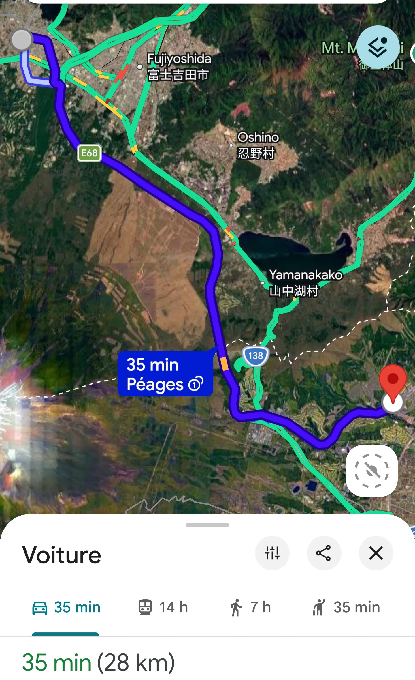 Capture Google Maps de l'itinéraire en voiture entre Kawaguchiko et le musée, 35 minutes via la route E68