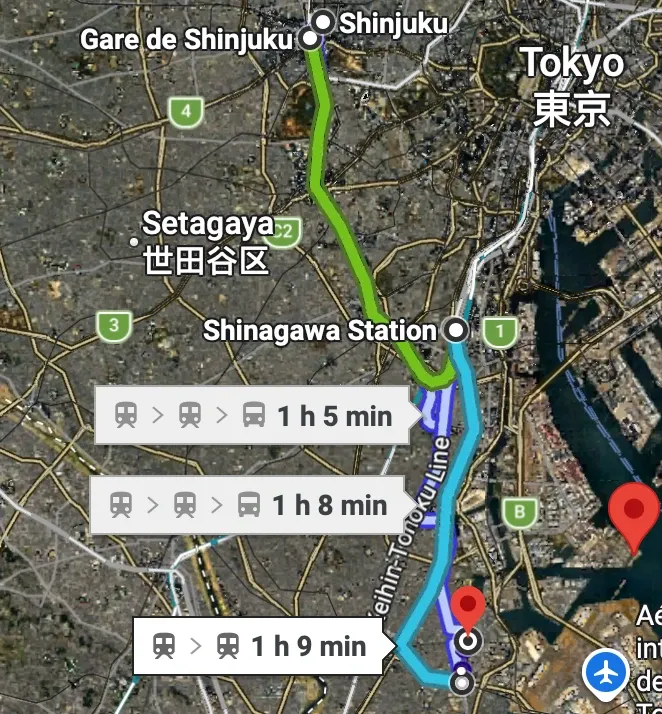 Carte de l'itinéraire en train entre la gare de Shinjuku et l'agence OnlyJDM au sud de Tokyo